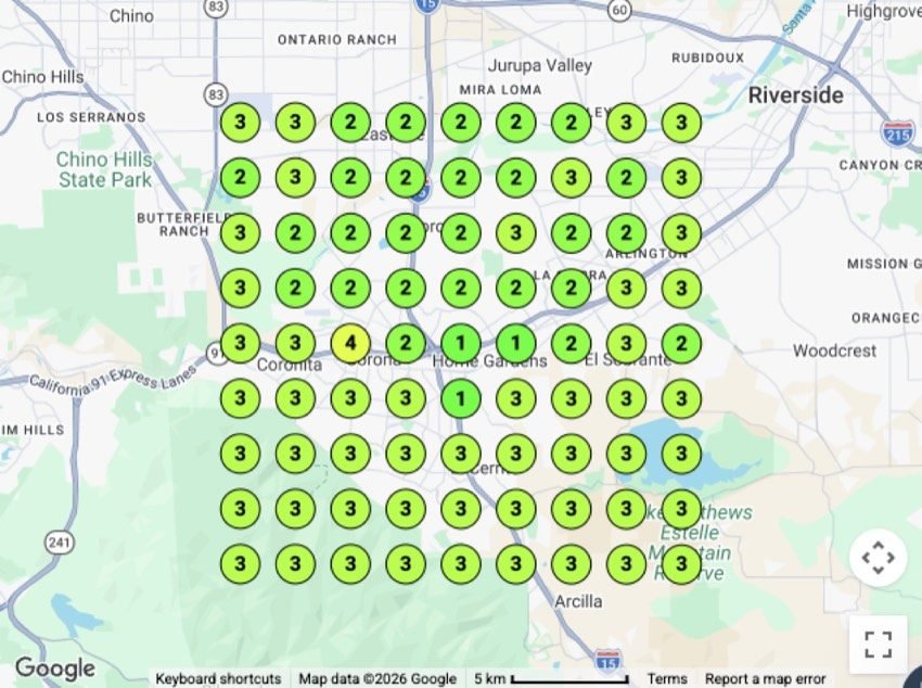 Fence company map pack geo-grid ranking report for Corona, CA